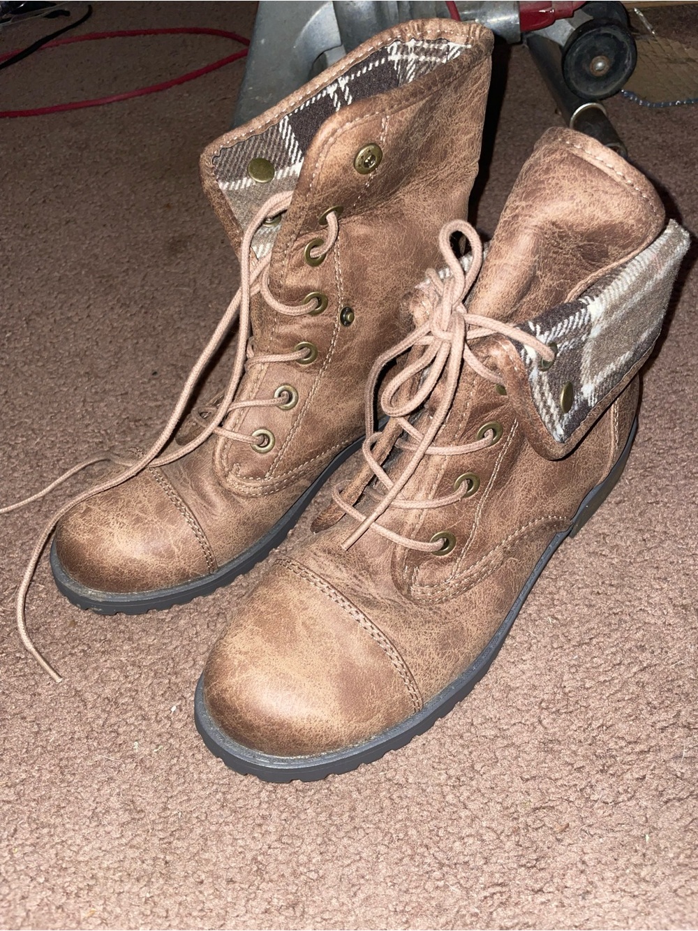 1990s/y2k Self Esteem Brown Faux-Leather Lace-Up Ankle Boots with Plaid Cuff
